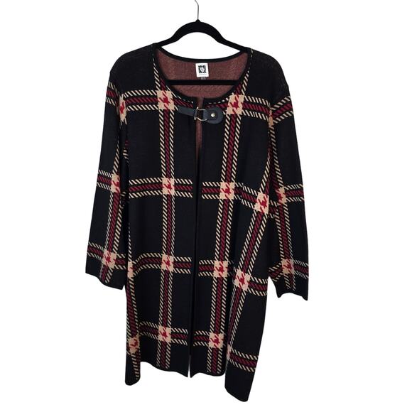 Anne Klein Jacket Women's 2X Black Red Tan Plaid Open Front Strap Close Classic - Picture 1 of 12